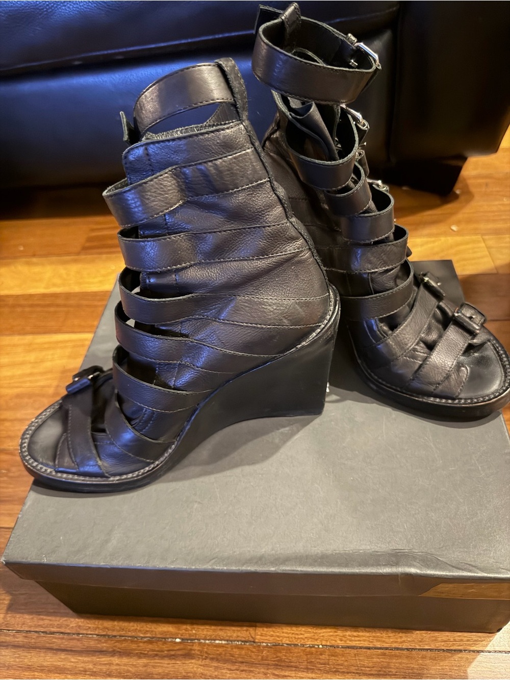 Ann Demeulemeester Black Strappy Leather Peep Toe Boot 37/7 RARE Original design - Picture 9 of 10